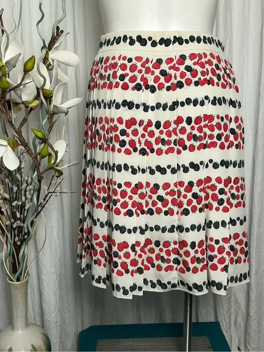 J. CREW CreamPleated Skirt with Red and Black Berry Stripe Print